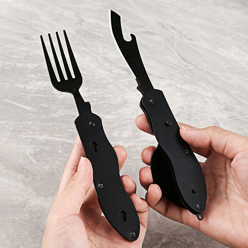 4-In-1 Outdoor Folding Multifunctional Tableware – Stainless Steel Camping Utensil Set with Knife, Fork, Spoon & Bottle Opener