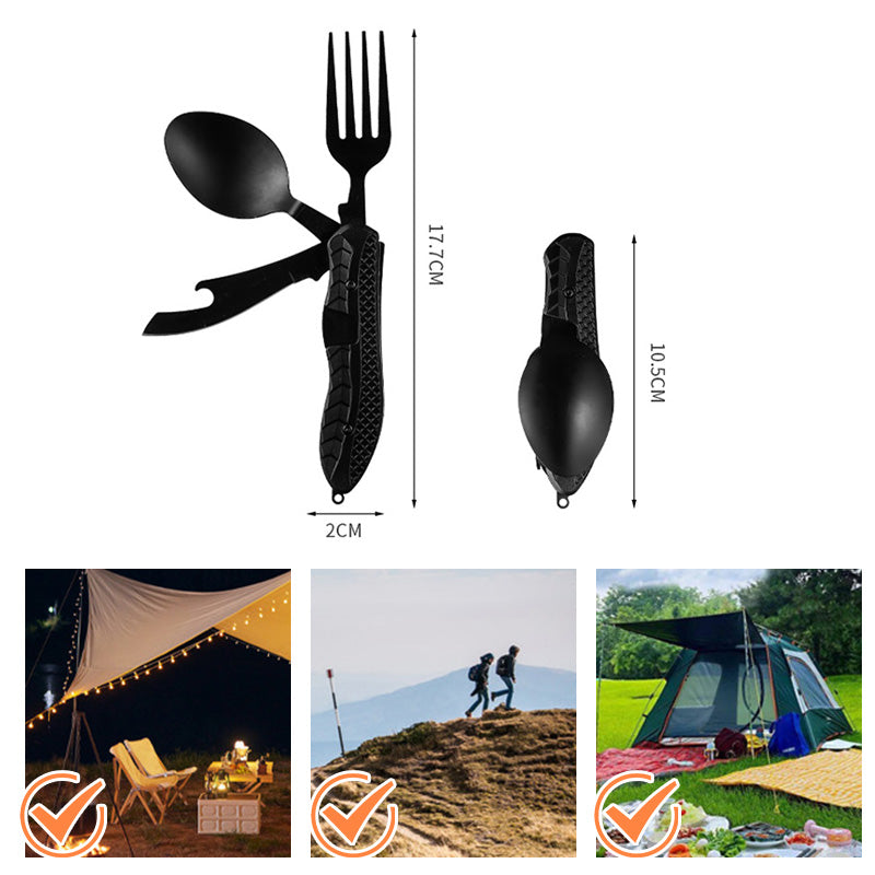 4-In-1 Outdoor Folding Multifunctional Tableware – Stainless Steel Camping Utensil Set with Knife, Fork, Spoon & Bottle Opener