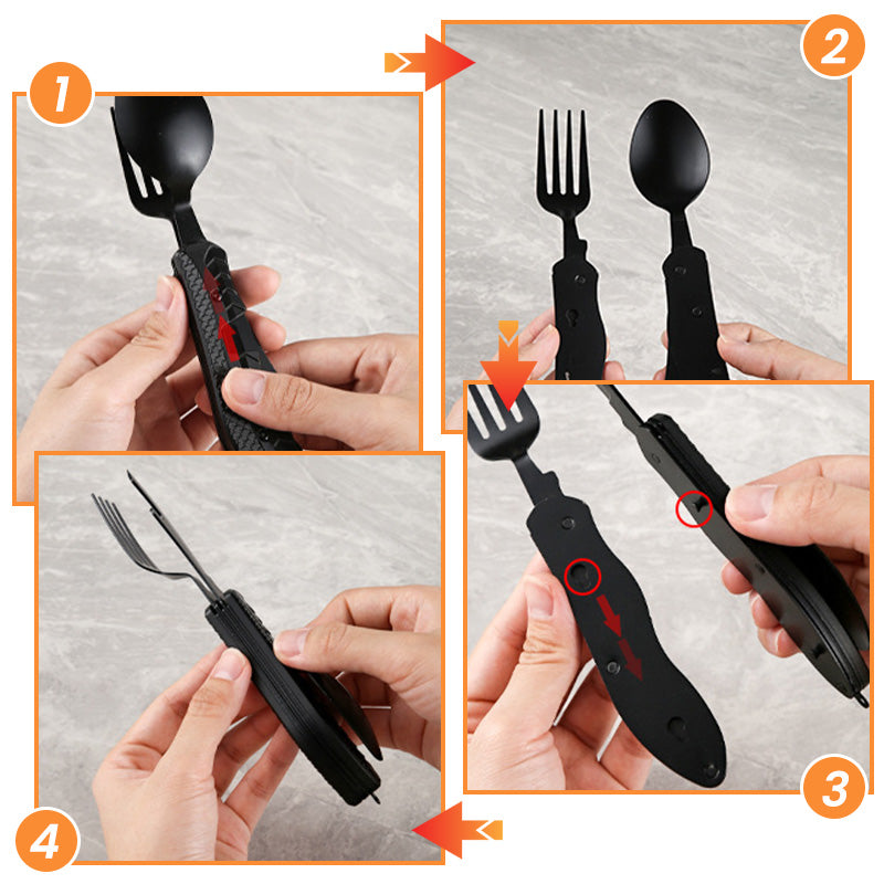 4-In-1 Outdoor Folding Multifunctional Tableware – Stainless Steel Camping Utensil Set with Knife, Fork, Spoon & Bottle Opener