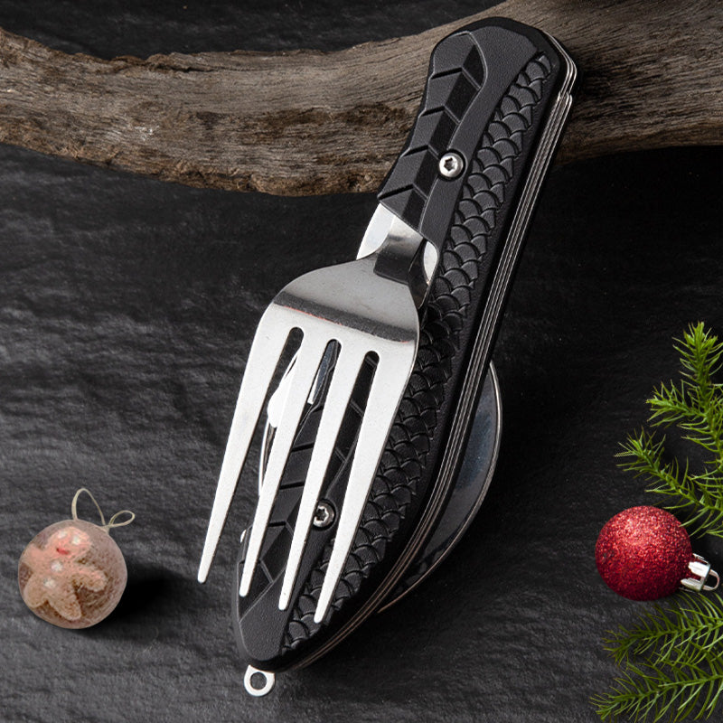 4-In-1 Outdoor Folding Multifunctional Tableware – Stainless Steel Camping Utensil Set with Knife, Fork, Spoon & Bottle Opener