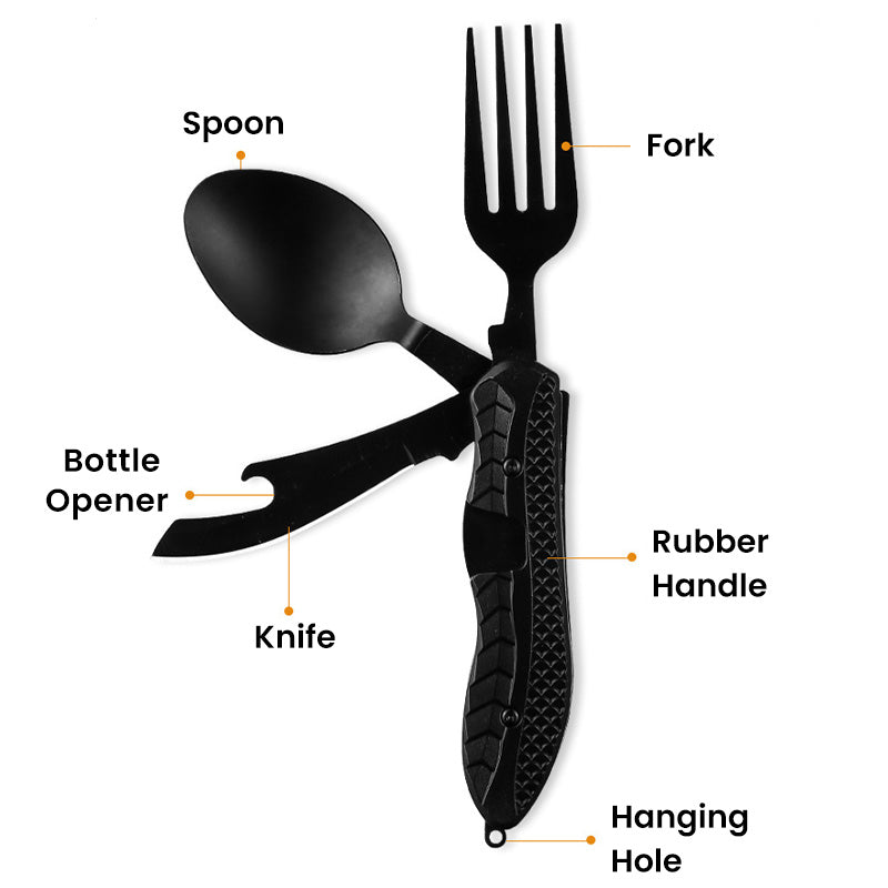 4-In-1 Outdoor Folding Multifunctional Tableware – Stainless Steel Camping Utensil Set with Knife, Fork, Spoon & Bottle Opener