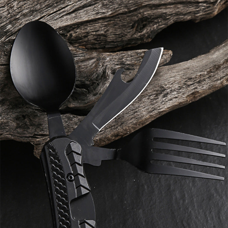 4-In-1 Outdoor Folding Multifunctional Tableware – Stainless Steel Camping Utensil Set with Knife, Fork, Spoon & Bottle Opener