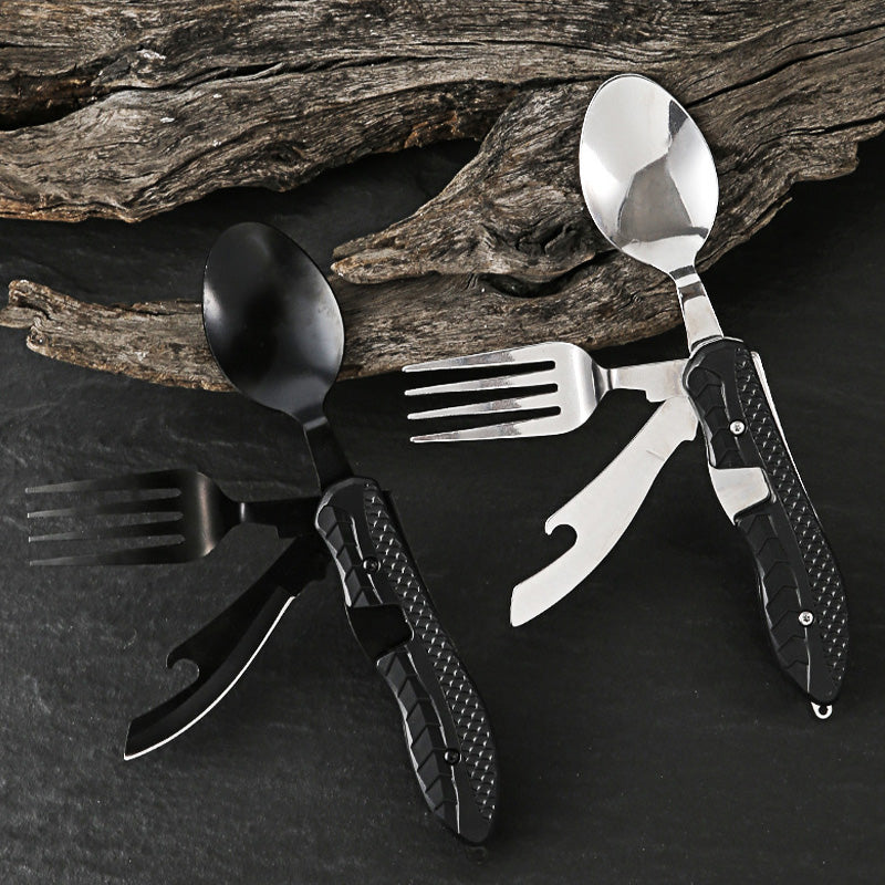 4-In-1 Outdoor Folding Multifunctional Tableware – Stainless Steel Camping Utensil Set with Knife, Fork, Spoon & Bottle Opener