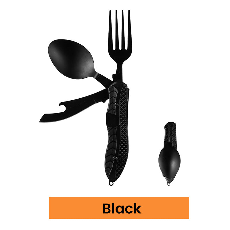 4-In-1 Outdoor Folding Multifunctional Tableware – Stainless Steel Camping Utensil Set with Knife, Fork, Spoon & Bottle Opener