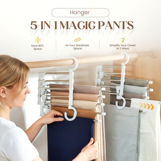 Multi-functional Pants Rack – Space-Saving Adjustable Hanger, Holds 5 Pairs, Non-Slip Caps
