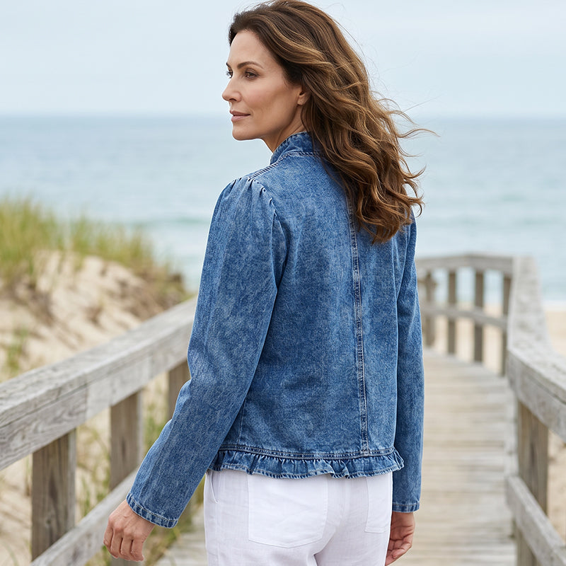 🥳2026 HOT SALE🥳💞50K+ SOLD!👵☀️ 49% OFF! Open-Front Denim Jacket – No buttons, easy on/off. Flattering ruffle trim, breathable fabric. Classic blue wash. A versatile wardrobe staple. 🌿✅