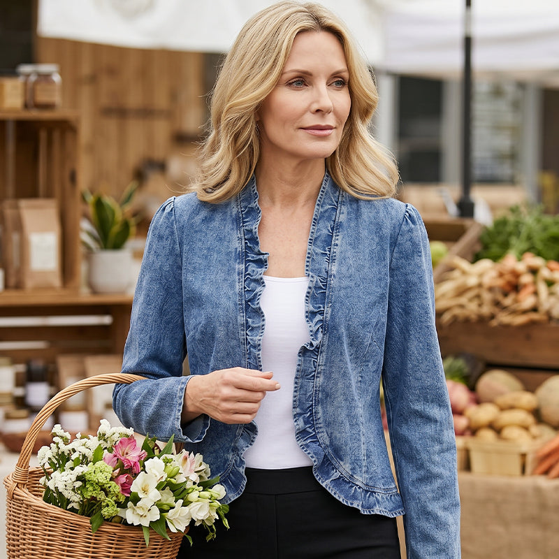 🥳2026 HOT SALE🥳💞50K+ SOLD!👵☀️ 49% OFF! Open-Front Denim Jacket – No buttons, easy on/off. Flattering ruffle trim, breathable fabric. Classic blue wash. A versatile wardrobe staple. 🌿✅