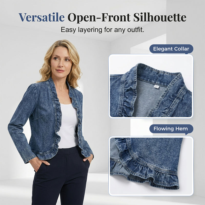 🥳2026 HOT SALE🥳💞50K+ SOLD!👵☀️ 49% OFF! Open-Front Denim Jacket – No buttons, easy on/off. Flattering ruffle trim, breathable fabric. Classic blue wash. A versatile wardrobe staple. 🌿✅