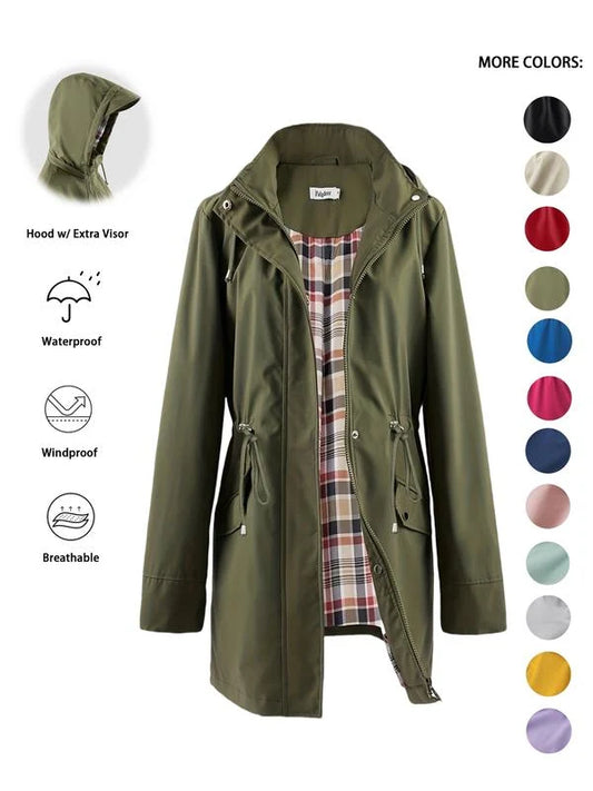Women‘s Waterproof Trench Coat – Long Hooded Raincoat with Detachable Hood, Adjustable Waist & Multiple Pockets