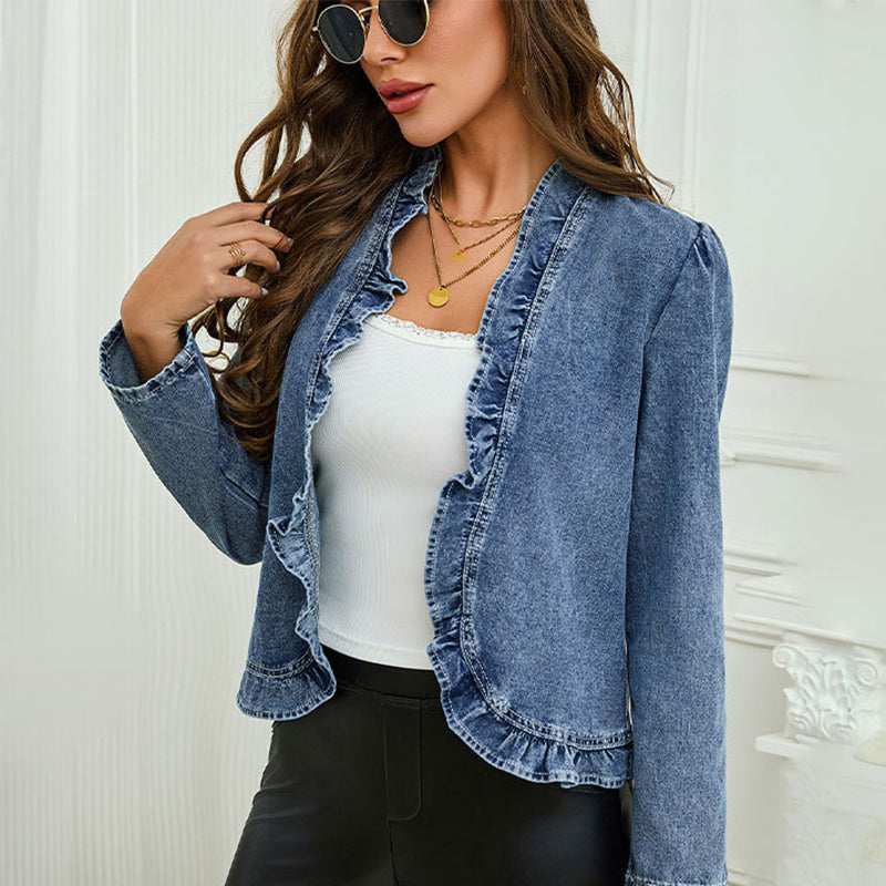 🥳2026 HOT SALE🥳💞50K+ SOLD!👵☀️ 49% OFF! Open-Front Denim Jacket – No buttons, easy on/off. Flattering ruffle trim, breathable fabric. Classic blue wash. A versatile wardrobe staple. 🌿✅