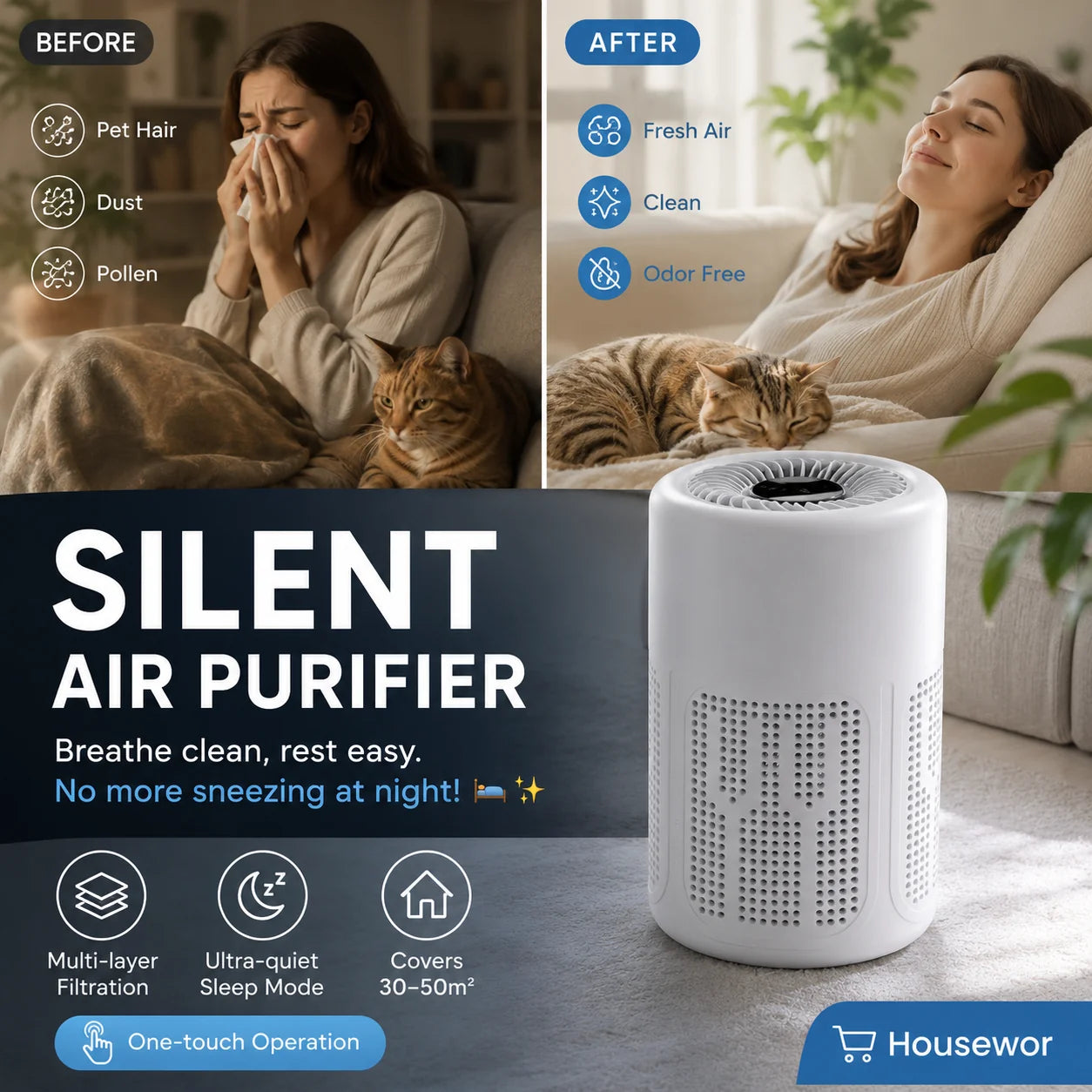 Quiet Energy Efficient Compact Air Purifier For Pet Hair Dust And Allergies