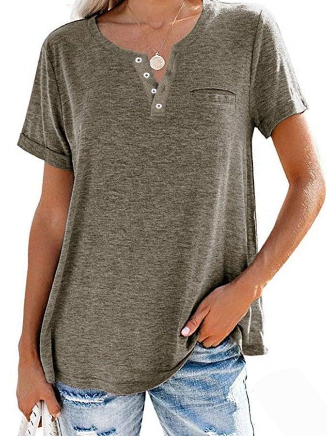 Fashion Solid Color Pocket Short Sleeve T-Shirt - dressowy