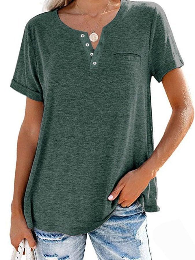 Fashion Solid Color Pocket Short Sleeve T-Shirt - dressowy