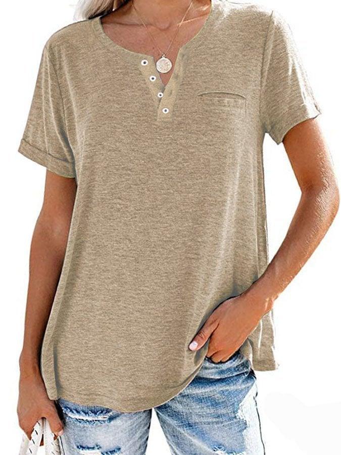Fashion Solid Color Pocket Short Sleeve T-Shirt - dressowy