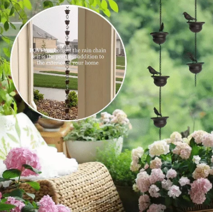 🐦🌧️  8-Cup Rain Chain | Bird Bath, Wind Chime & Downspout Alternative 🐦 Powder-Coated Iron, Weatherproof, Tool-Free Setup – Perfect for Patio, Pergola & Garden 🏡