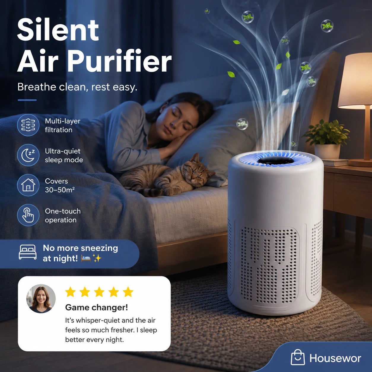 Quiet Energy Efficient Compact Air Purifier For Pet Hair Dust And Allergies
