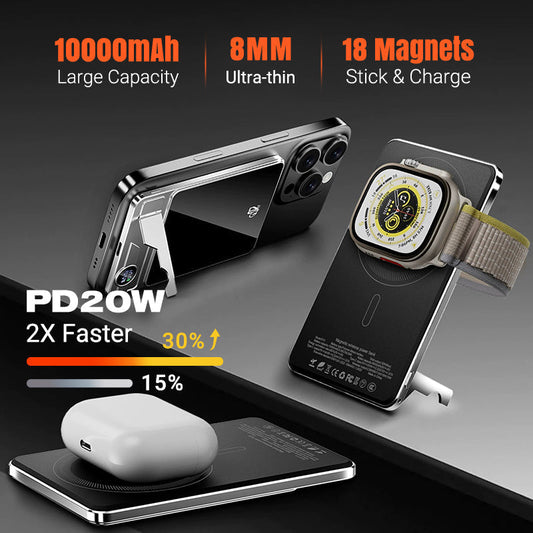 Ultra Thin Magnetic Portable Charger with Stand,Dual Charging Modes, Slim Portable