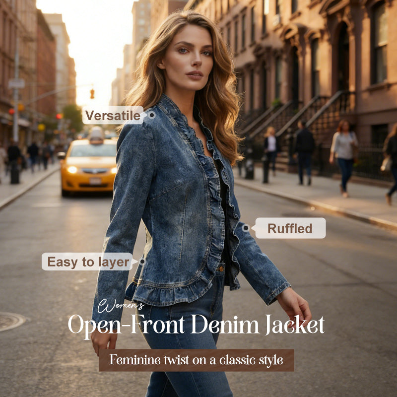 🥳2026 HOT SALE🥳💞50K+ SOLD!👵☀️ 49% OFF! Open-Front Denim Jacket – No buttons, easy on/off. Flattering ruffle trim, breathable fabric. Classic blue wash. A versatile wardrobe staple. 🌿✅