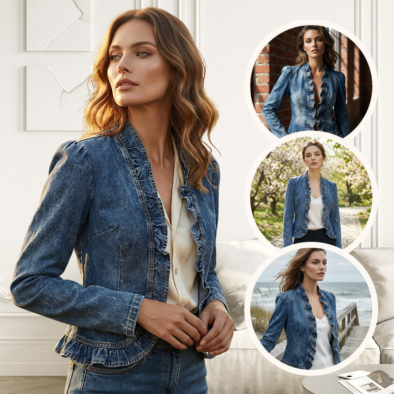 🥳2026 HOT SALE🥳💞50K+ SOLD!👵☀️ 49% OFF! Open-Front Denim Jacket – No buttons, easy on/off. Flattering ruffle trim, breathable fabric. Classic blue wash. A versatile wardrobe staple. 🌿✅
