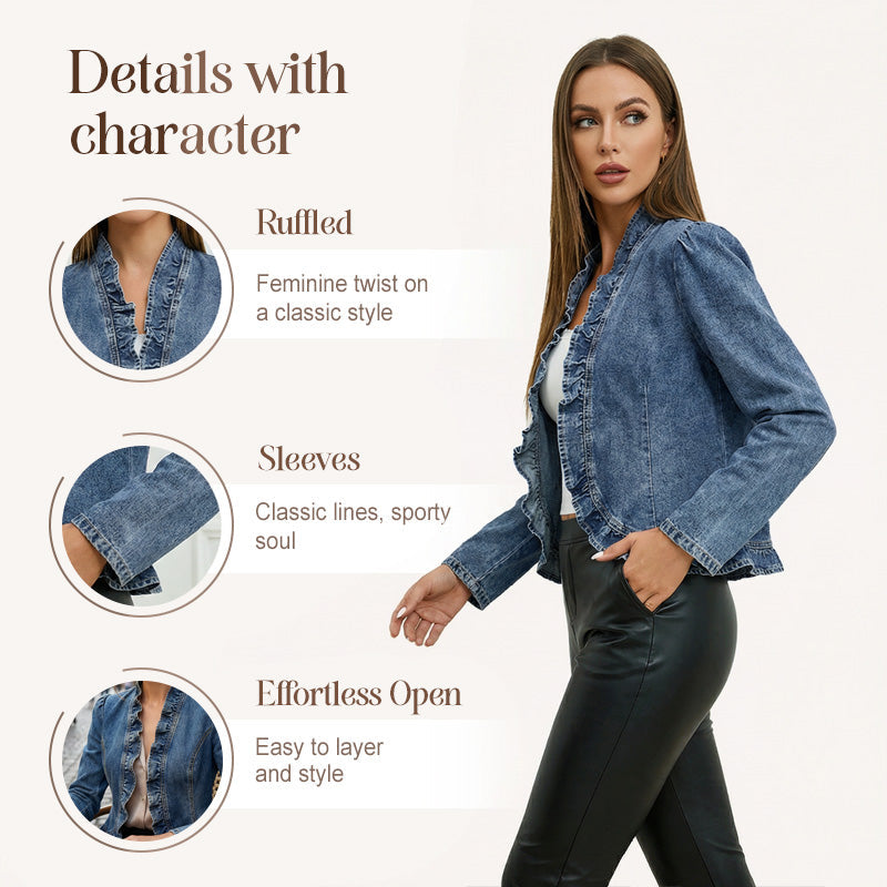 🥳2026 HOT SALE🥳💞50K+ SOLD!👵☀️ 49% OFF! Open-Front Denim Jacket – No buttons, easy on/off. Flattering ruffle trim, breathable fabric. Classic blue wash. A versatile wardrobe staple. 🌿✅