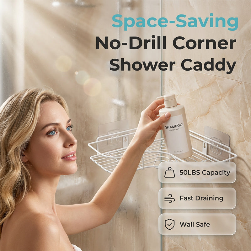 ⏳ Last Day 40%OFF!!⏳ 🛁 Unwavering Corner Shower Caddy 🏠– No-Drill, Ultra-Strong Adhesive Holds Heavy Bottles 💪 Space-Saving 90° Design, Airflow Wire Grid for Fast Drying & Rust-Free Storage 🧴 Tool-Free Setup in Seconds ✨