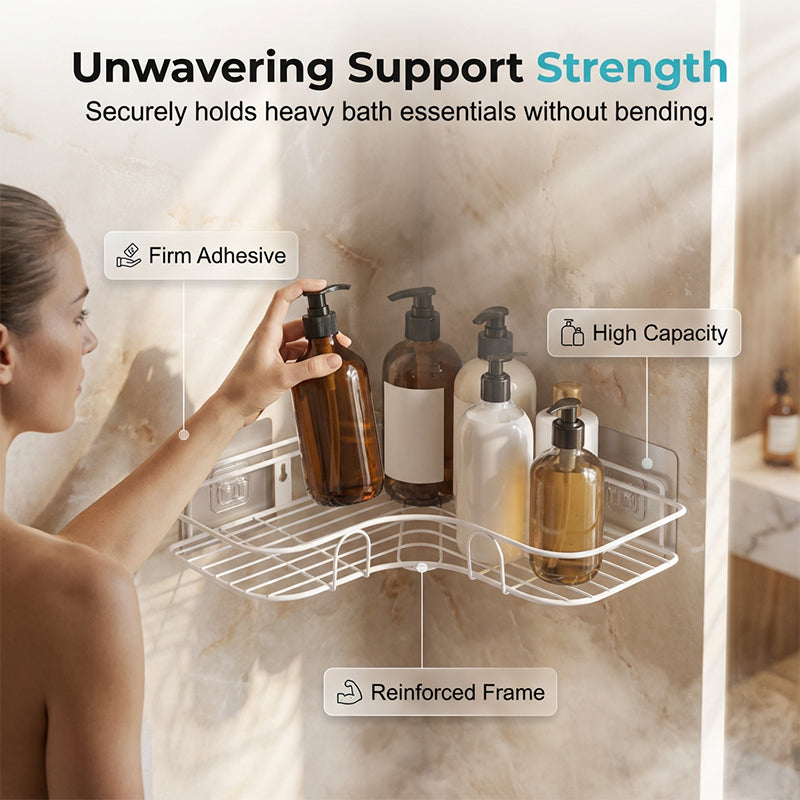 ⏳ Last Day 40%OFF!!⏳ 🛁 Unwavering Corner Shower Caddy 🏠– No-Drill, Ultra-Strong Adhesive Holds Heavy Bottles 💪 Space-Saving 90° Design, Airflow Wire Grid for Fast Drying & Rust-Free Storage 🧴 Tool-Free Setup in Seconds ✨