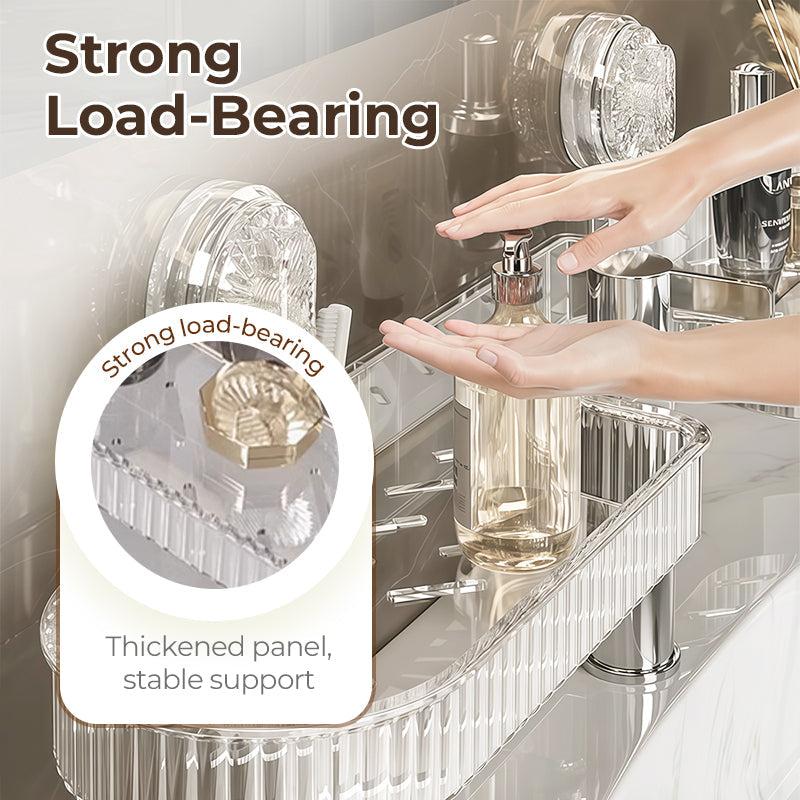 🧴Summer Hot Sale💪 Strong & Stable Faucet Storage Rack | Thickened Wide Panels + Guardrails Hold Large Bottles Securely 🧴 Universal U-Shape Fit, No Interference | Built-in Drainage Holes Keep Items Dry 💧 Tool-Free Suction Cup Installation ✨
