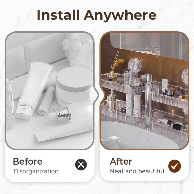 🧴Summer Hot Sale💪 Strong & Stable Faucet Storage Rack | Thickened Wide Panels + Guardrails Hold Large Bottles Securely 🧴 Universal U-Shape Fit, No Interference | Built-in Drainage Holes Keep Items Dry 💧 Tool-Free Suction Cup Installation ✨