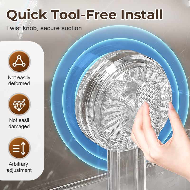 🧴Summer Hot Sale💪 Strong & Stable Faucet Storage Rack | Thickened Wide Panels + Guardrails Hold Large Bottles Securely 🧴 Universal U-Shape Fit, No Interference | Built-in Drainage Holes Keep Items Dry 💧 Tool-Free Suction Cup Installation ✨