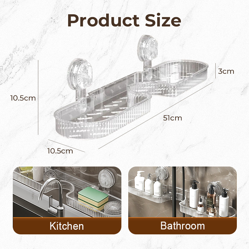 🧴Summer Hot Sale💪 Strong & Stable Faucet Storage Rack | Thickened Wide Panels + Guardrails Hold Large Bottles Securely 🧴 Universal U-Shape Fit, No Interference | Built-in Drainage Holes Keep Items Dry 💧 Tool-Free Suction Cup Installation ✨