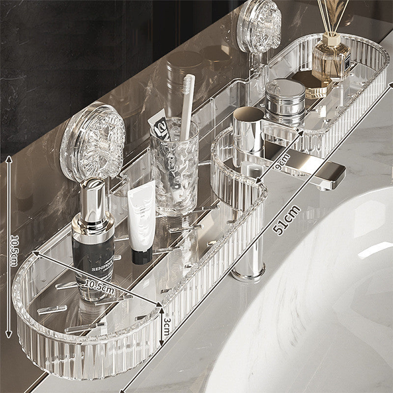 🧴Summer Hot Sale💪 Strong & Stable Faucet Storage Rack | Thickened Wide Panels + Guardrails Hold Large Bottles Securely 🧴 Universal U-Shape Fit, No Interference | Built-in Drainage Holes Keep Items Dry 💧 Tool-Free Suction Cup Installation ✨