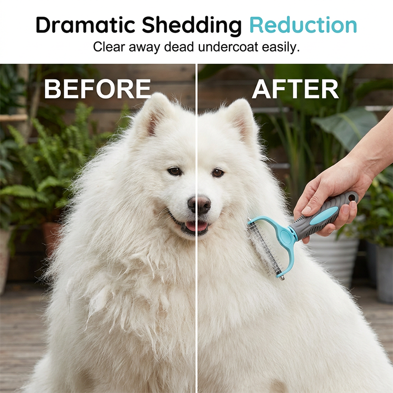 🐱🐶50% OFF! Pet Dematting Rake – Pain-Free Grooming, Skin-Friendly Rounded Teeth, Anti-Slip Handle 🐾 Reduces Shedding Instantly, Dual-Sided Deshedding Tool for Dogs & Cats 💈