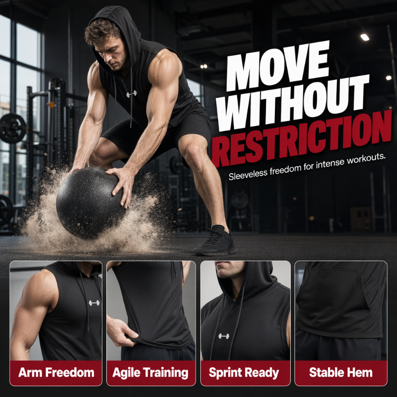 🔥SUMMER SALE 48% OFF – Workout Sleeveless Hoodie · 35K+ SOLD! · Lightweight & Breathable, Adjustable Hood, Front Pocket, Versatile Sport Style 🏀💨