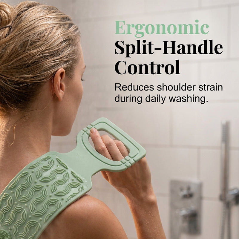 🔥HOT SALE 38% OFF – Silicone Body Scrubber · 50K+ SOLD! · Dual-Sided Exfoliating & Massaging, Split-Handle Control, Ultra-Soft, Ideal for Limited Mobility 🛁