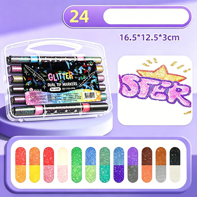 Dual-Tip Glitter Markers Set with Soft Brush