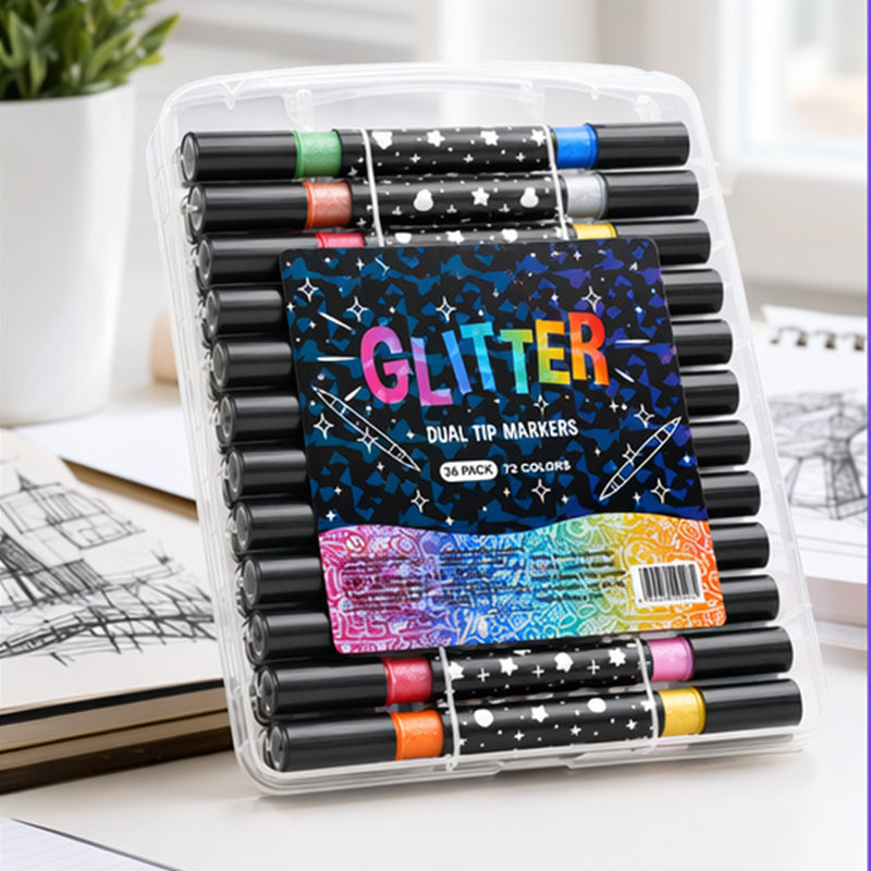 Dual-Tip Glitter Markers Set with Soft Brush