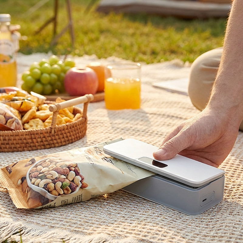 Rechargeable Bag Sealer with Cutter – 6-Level Heat Adjustable USB-C Portable Food Sealer, Built-in Blade for Opening Bags,  Magnetic Storage for Snacks & Kitchen Use