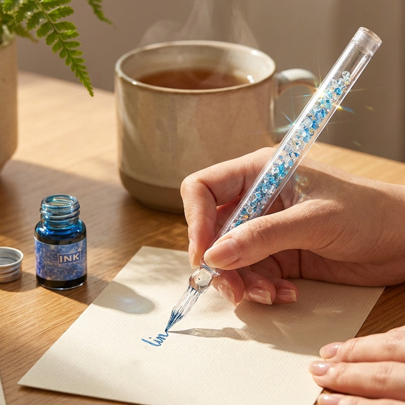 Glass Dip Pen Set with 4 Glitter Inks & Pen Rest – Handcrafted Spiral-Tip Calligraphy Pen for Drawing, Journaling & Lettering