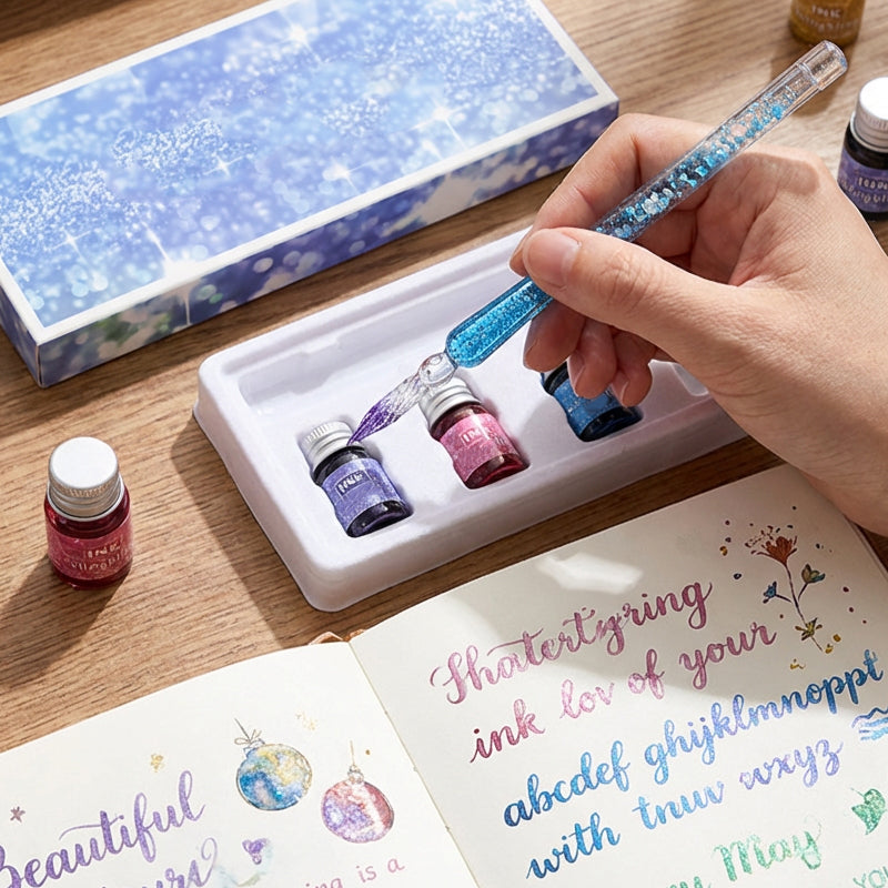 Glass Dip Pen Set with 4 Glitter Inks & Pen Rest – Handcrafted Spiral-Tip Calligraphy Pen for Drawing, Journaling & Lettering