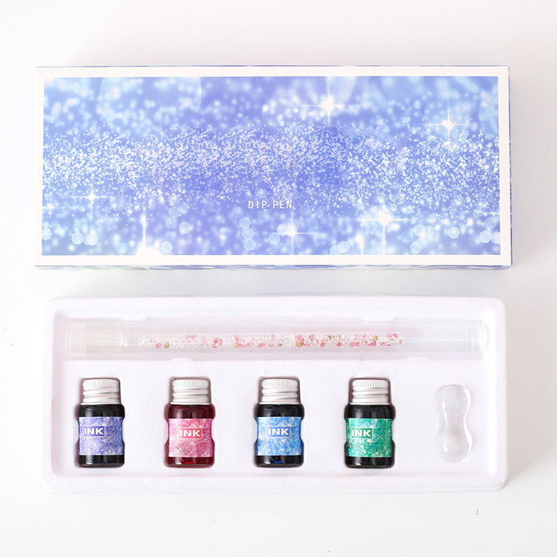 Glass Dip Pen Set with 4 Glitter Inks & Pen Rest – Handcrafted Spiral-Tip Calligraphy Pen for Drawing, Journaling & Lettering