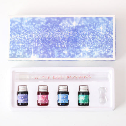 Glass Dip Pen Set with 4 Glitter Inks & Pen Rest – Handcrafted Spiral-Tip Calligraphy Pen for Drawing, Journaling & Lettering