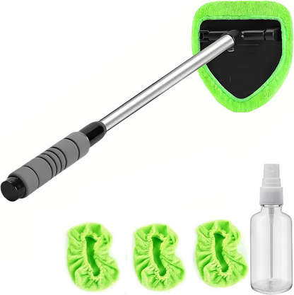 Windshield Cleaning Tool Set with Extendable Handle, Non-Slip Grip, Washable & Reusable Pads