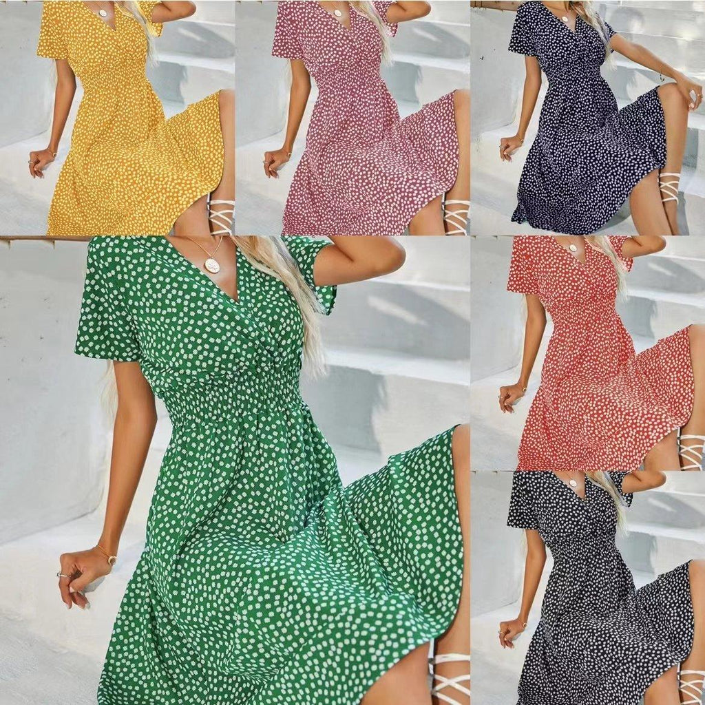 V-neck short-sleeved floral dress - dressowy